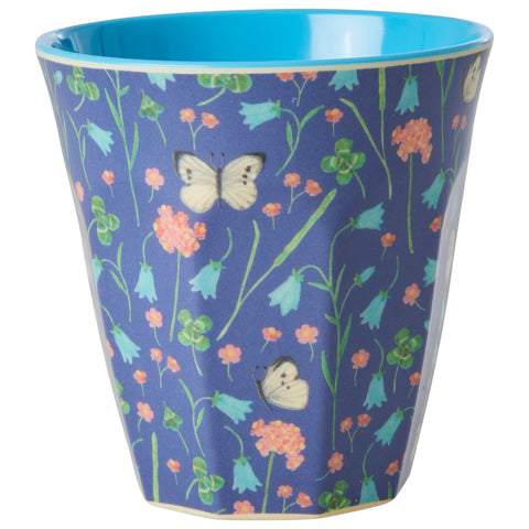 Becher "Butterfly Blue" mit Blumen und Schmetterlingen, Medium